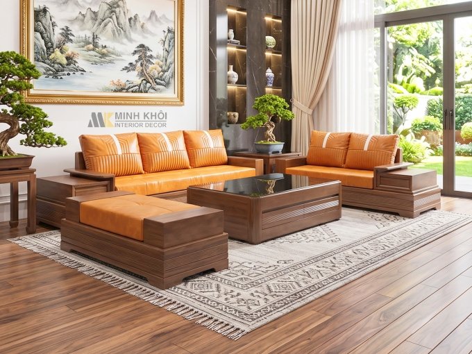 Sofa Gỗ Sồi Màu Óc Chó Hiện Đại 5 Món - SF924
