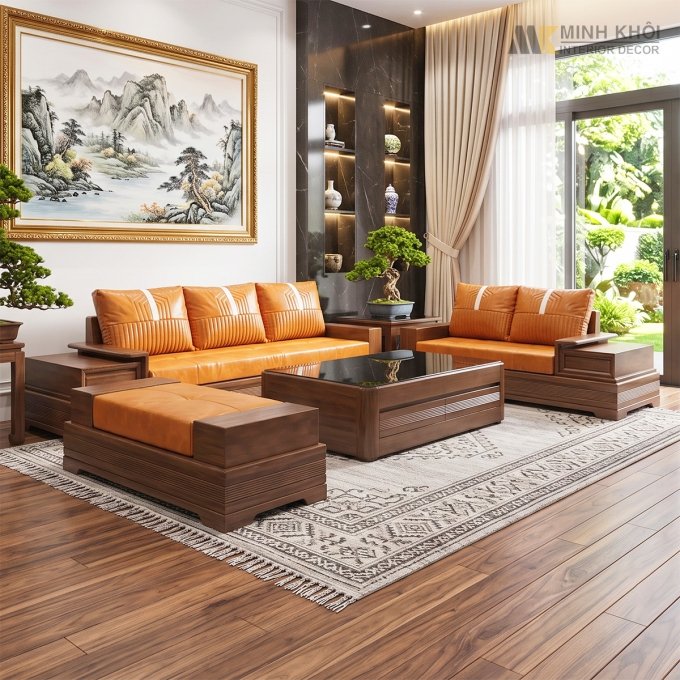 Sofa Gỗ Sồi Màu Óc Chó Hiện Đại 5 Món - SF924