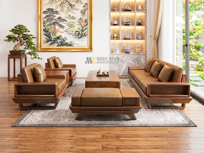 Sofa Gỗ Sồi Màu Óc Chó Hiện Đại 6 Món - SF926