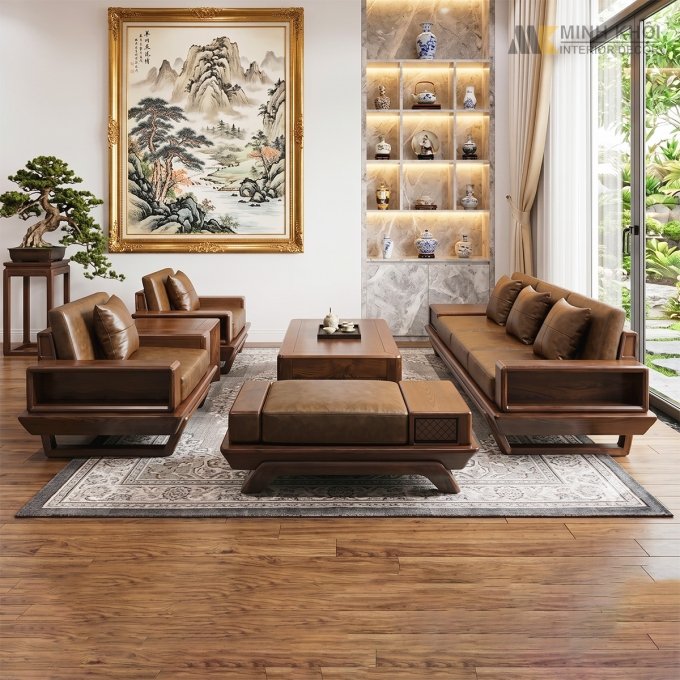 Sofa Gỗ Sồi Màu Óc Chó Hiện Đại 6 Món - SF926