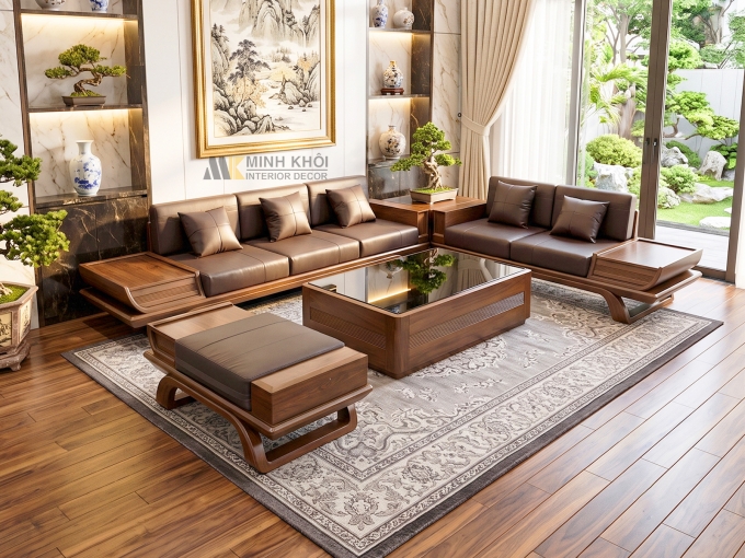Sofa Gỗ Sồi Màu Óc Chó Hiện Đại Mặt Kính - SF930