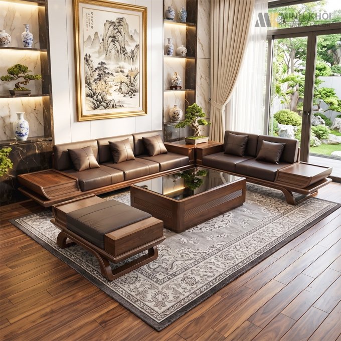 Sofa Gỗ Sồi Màu Óc Chó Hiện Đại Mặt Kính - SF930