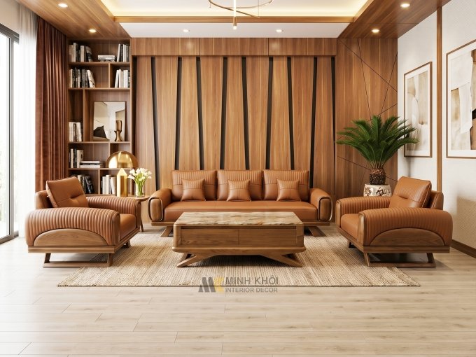 Sofa Gỗ Sồi Màu Óc Chó Kiểu Đối 4 Món - SF899