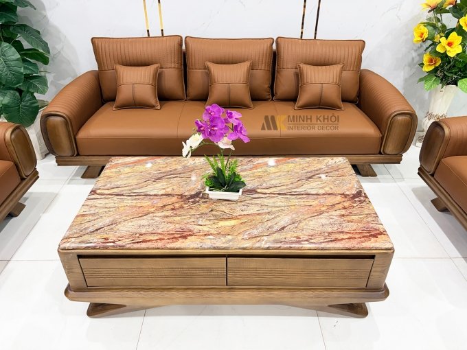 Sofa Gỗ Sồi Màu Óc Chó Kiểu Đối 4 Món - SF899