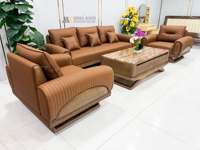 Sofa Gỗ Sồi Màu Óc Chó Kiểu Đối 4 Món - SF899