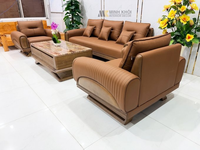 Sofa Gỗ Sồi Màu Óc Chó Kiểu Đối 4 Món - SF899