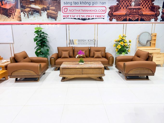 Sofa Gỗ Sồi Màu Óc Chó Kiểu Đối 4 Món - SF899