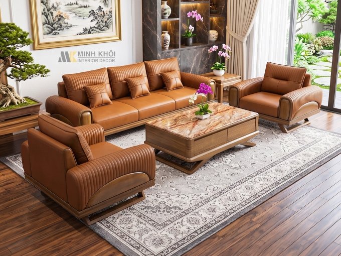 Sofa Gỗ Sồi Màu Óc Chó Kiểu Đối 4 Món - SF899