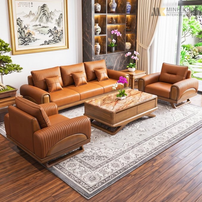 Sofa Gỗ Sồi Màu Óc Chó Kiểu Đối 4 Món - SF899