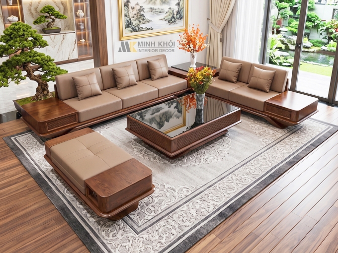 Sofa Gỗ Sồi Màu Óc Chó Mặt Kính 5 Món - SF931