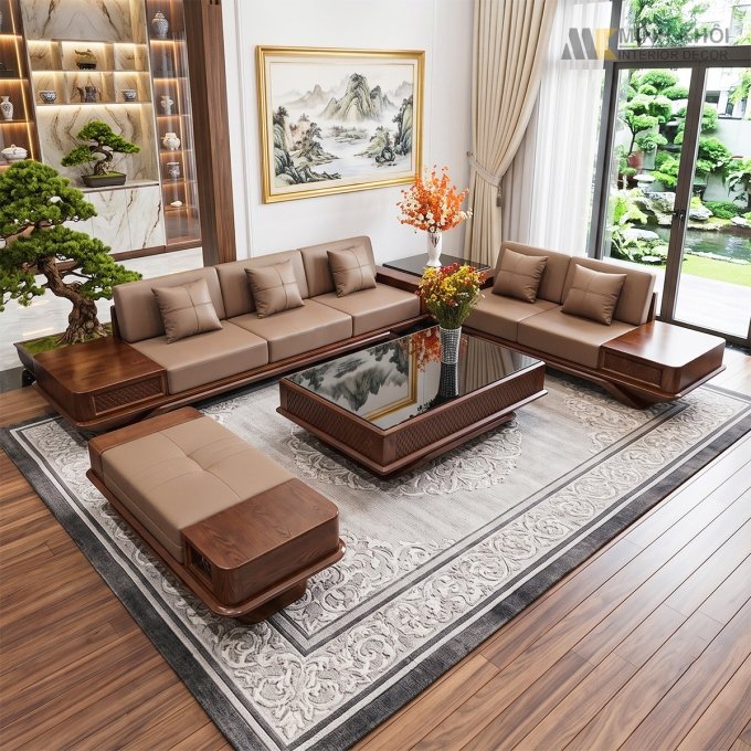 Sofa Gỗ Sồi Màu Óc Chó Mặt Kính 5 Món - SF931