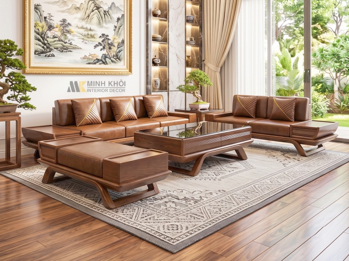Sofa Gỗ Sồi Màu Óc Chó Mặt Kính Có Nệm - SF923