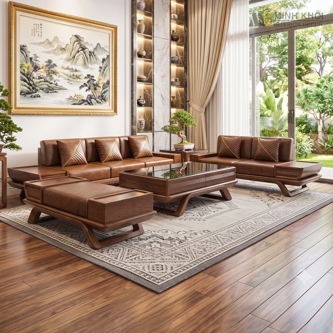 Sofa Gỗ Sồi Màu Óc Chó Mặt Kính Có Nệm - SF923