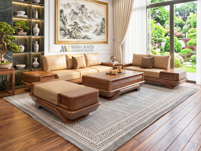 Sofa Gỗ Sồi Màu Óc Chó Mặt Kính Hiện Đại - SF921