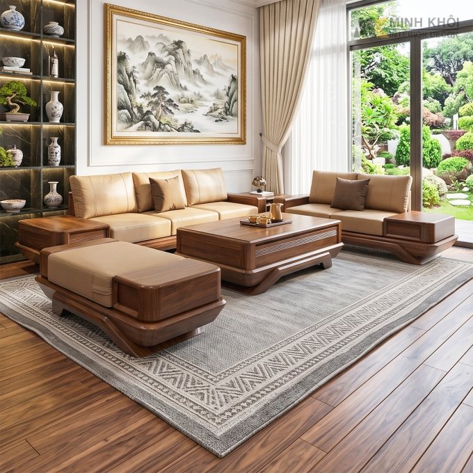 Sofa Gỗ Sồi Màu Óc Chó Mặt Kính Hiện Đại - SF921