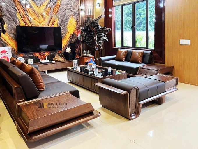 Sofa Gỗ Sồi Màu Óc Chó Tay Nệm 5 Món - SF948