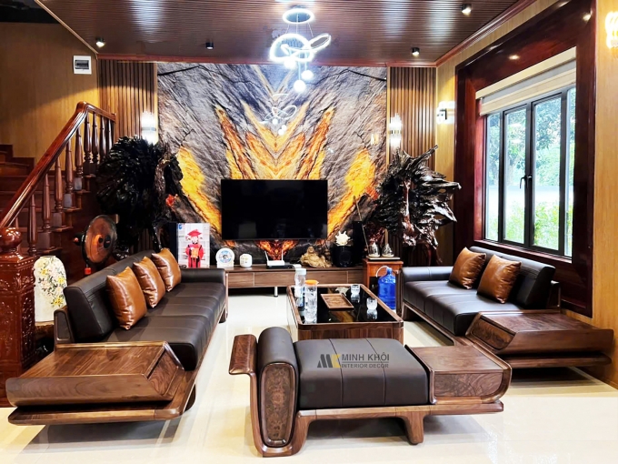 Sofa Gỗ Sồi Màu Óc Chó Tay Nệm 5 Món - SF948