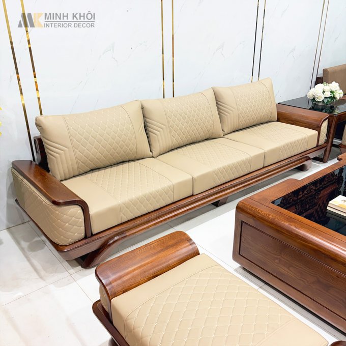 Sofa Gỗ Sồi Màu Óc Chó Viền Bọc Da - SF876