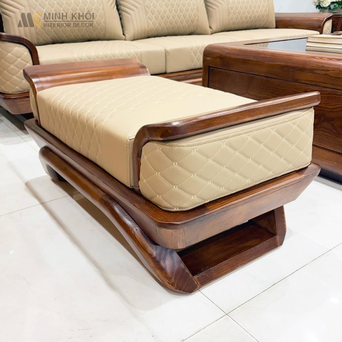 Sofa Gỗ Sồi Màu Óc Chó Viền Bọc Da - SF876
