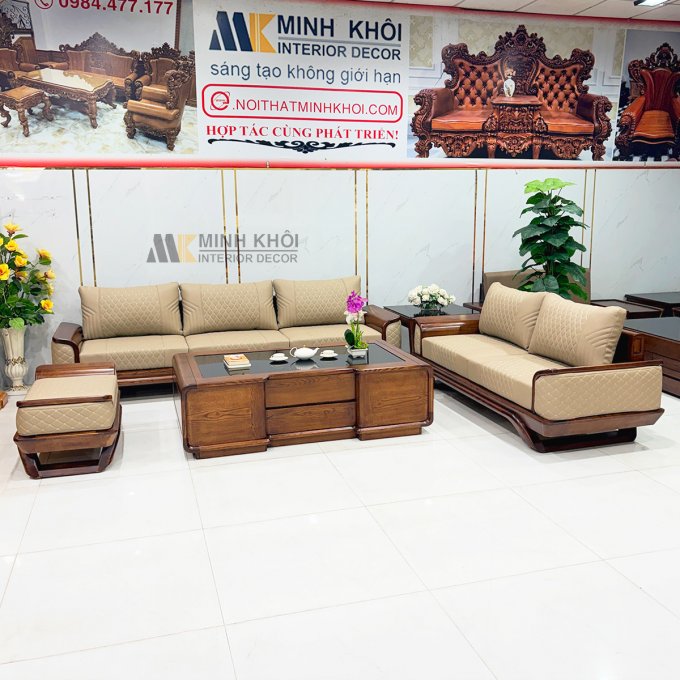 Sofa Gỗ Sồi Màu Óc Chó Viền Bọc Da - SF876