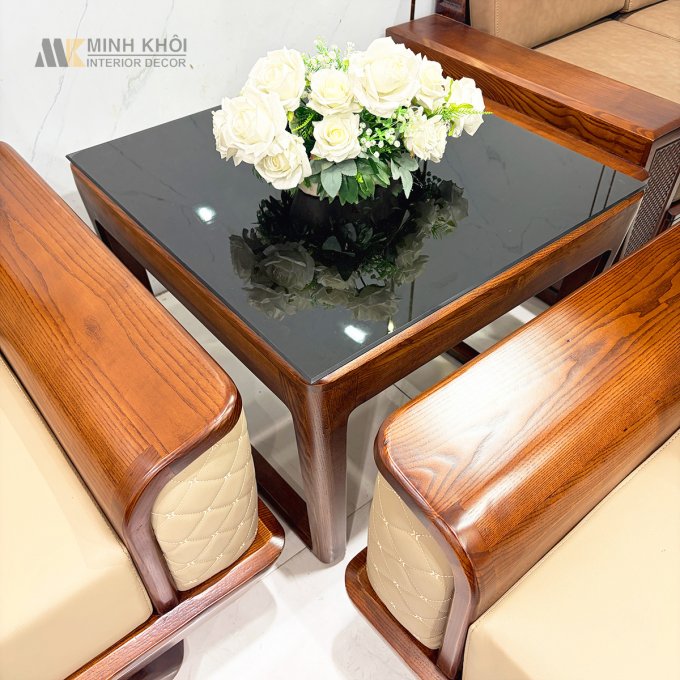 Sofa Gỗ Sồi Màu Óc Chó Viền Bọc Da - SF876
