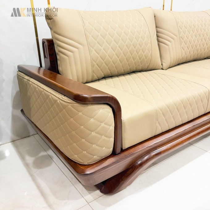 Sofa Gỗ Sồi Màu Óc Chó Viền Bọc Da - SF876