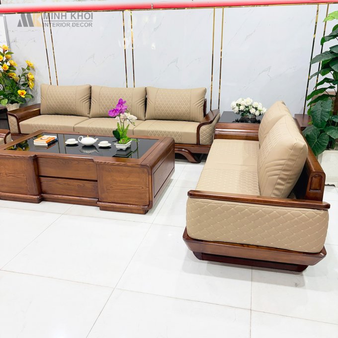 Sofa Gỗ Sồi Màu Óc Chó Viền Bọc Da - SF876