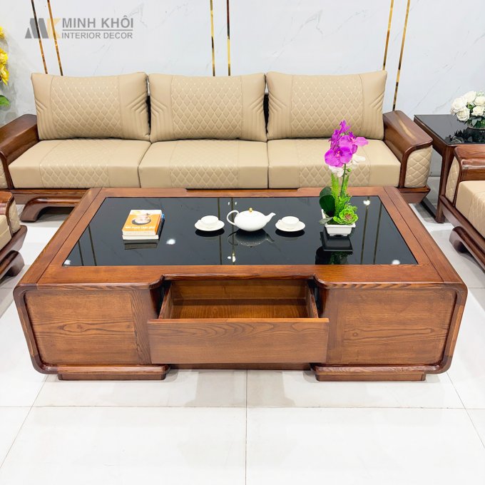 Sofa Gỗ Sồi Màu Óc Chó Viền Bọc Da - SF876