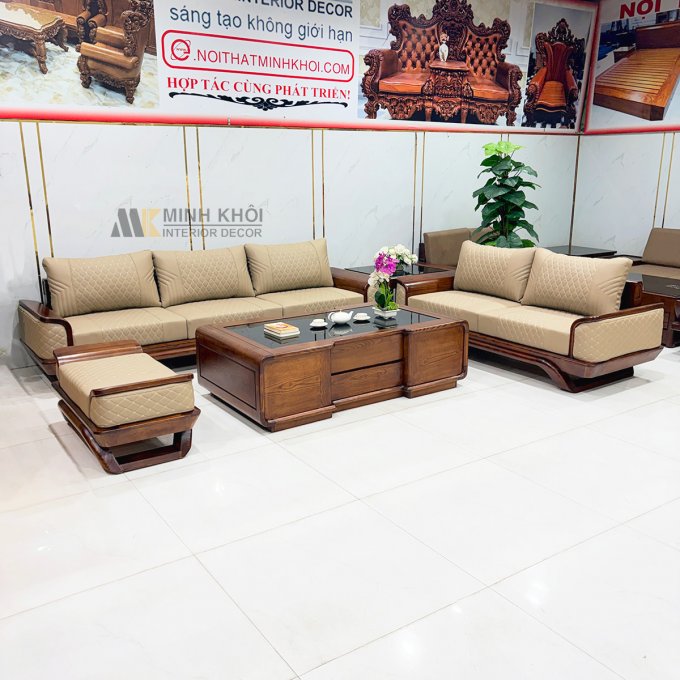 Sofa Gỗ Sồi Màu Óc Chó Viền Bọc Da - SF876