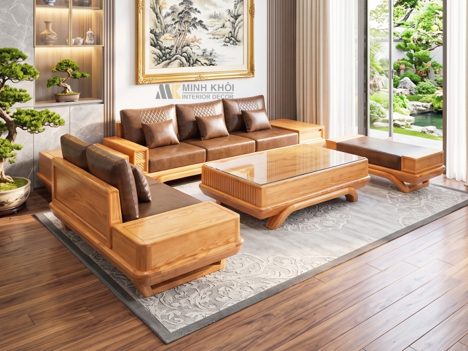Sofa Gỗ Sồi Màu Tự Nhiên 5 Món Hiện Đại - SF929