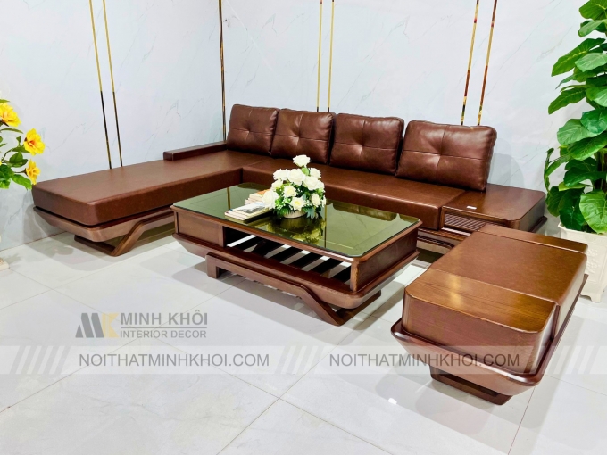 Sofa Gỗ Sồi Óc Chó Góc 4 Món Giá Rẻ - SF970