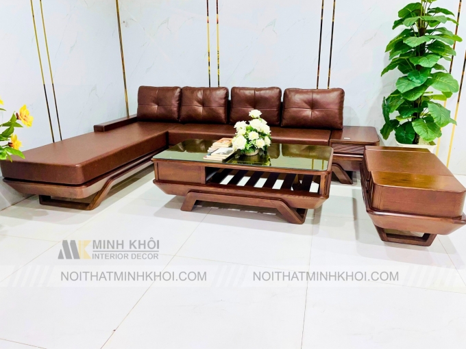 Sofa Gỗ Sồi Óc Chó Góc 4 Món Giá Rẻ - SF970