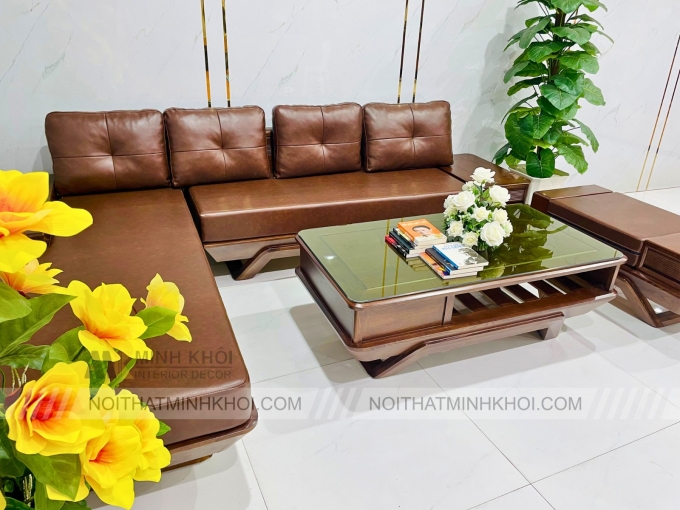 Sofa Gỗ Sồi Óc Chó Góc 4 Món Giá Rẻ - SF970