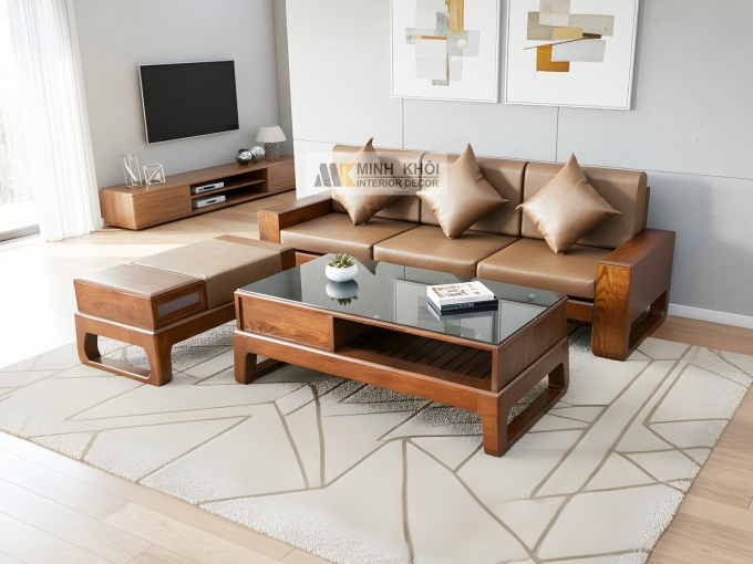 Sofa Gỗ Sồi Phủ Óc Chó 3 Món Chân Quỳ - SF947