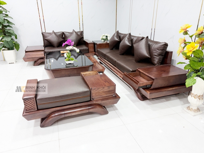 Sofa Gỗ Sồi Phủ Óc Chó 5 Món Hiện Đại - SF939