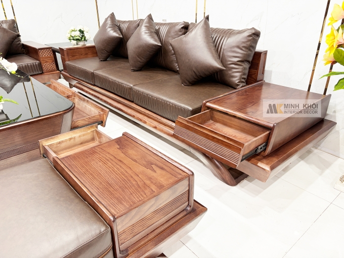 Sofa Gỗ Sồi Phủ Óc Chó 5 Món Hiện Đại - SF939