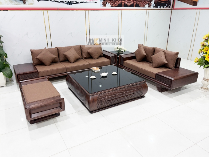 Sofa Gỗ Sồi Phủ Óc Chó Bàn Vuông 5 Món - SF980