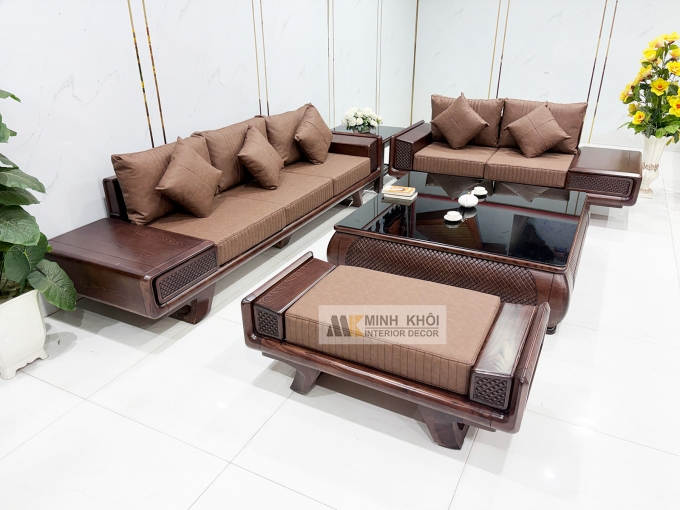 Sofa Gỗ Sồi Phủ Óc Chó Bàn Vuông 5 Món - SF980