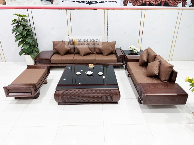 Sofa Gỗ Sồi Phủ Óc Chó Bàn Vuông 5 Món - SF980
