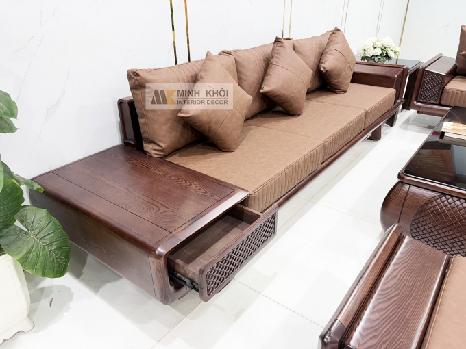 Sofa Gỗ Sồi Phủ Óc Chó Bàn Vuông 5 Món - SF980