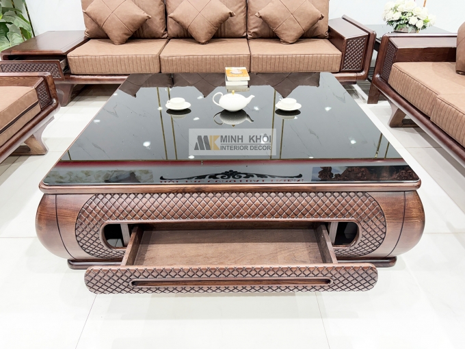 Sofa Gỗ Sồi Phủ Óc Chó Bàn Vuông 5 Món - SF980