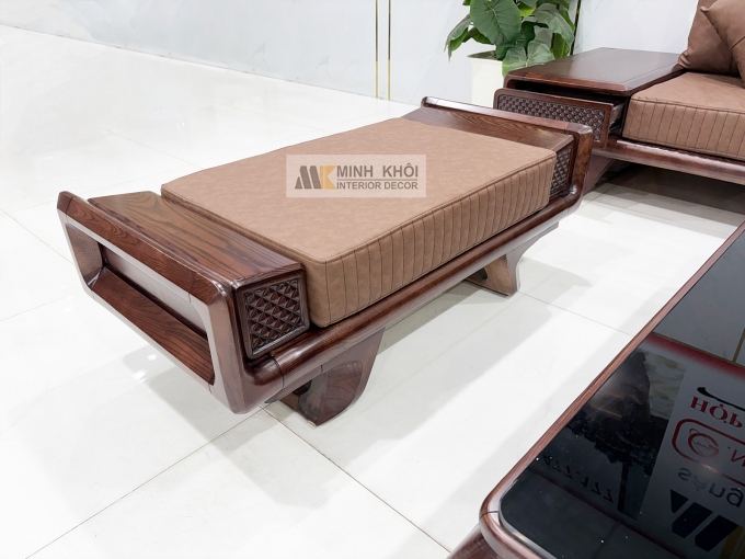 Sofa Gỗ Sồi Phủ Óc Chó Bàn Vuông 5 Món - SF980