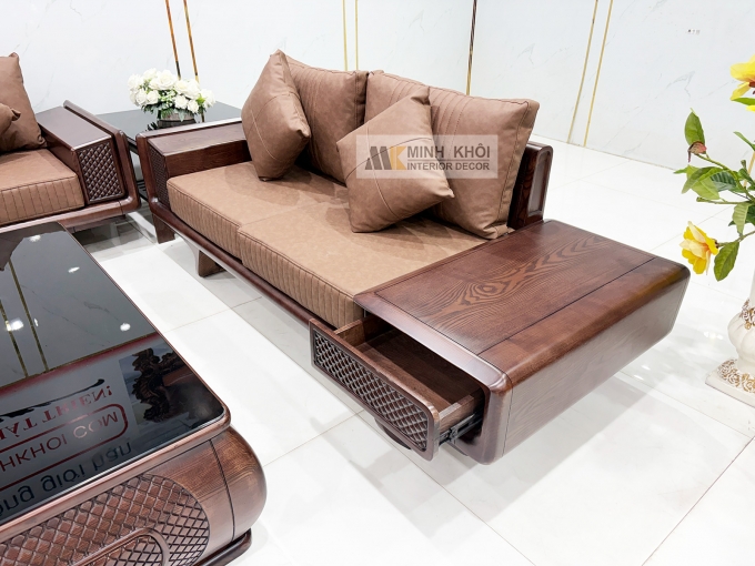Sofa Gỗ Sồi Phủ Óc Chó Bàn Vuông 5 Món - SF980