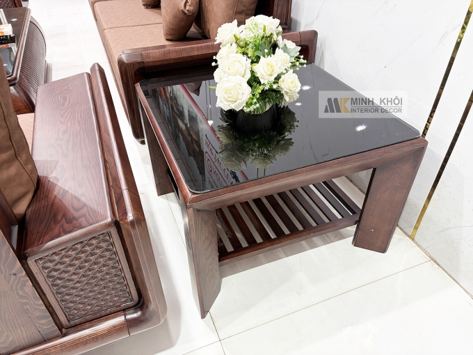 Sofa Gỗ Sồi Phủ Óc Chó Bàn Vuông 5 Món - SF980
