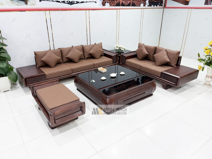 Sofa Gỗ Sồi Phủ Óc Chó Bàn Vuông 5 Món - SF980