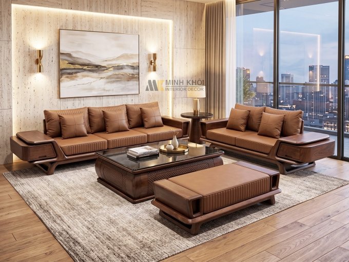 Sofa Gỗ Sồi Màu Óc Chó Bàn Vuông Tay Kiểu Mới - SF981