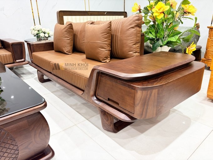 Sofa Gỗ Sồi Màu Óc Chó Bàn Vuông Tay Kiểu Mới - SF981