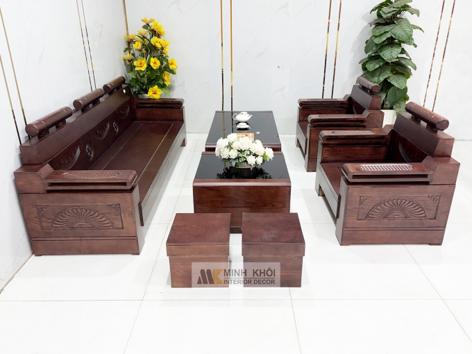 Sofa Gỗ Sồi Phủ Óc Chó Đối 7 Món Kiểu Tàu - SF940