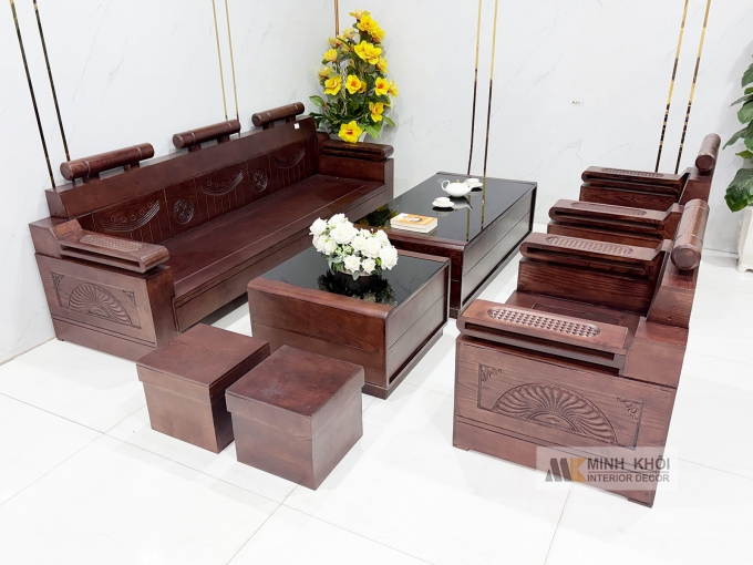 Sofa Gỗ Sồi Phủ Óc Chó Đối 7 Món Kiểu Tàu - SF940