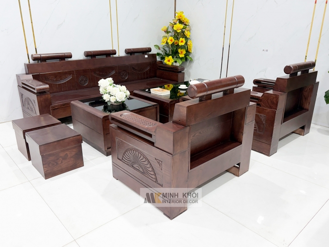 Sofa Gỗ Sồi Phủ Óc Chó Đối 7 Món Kiểu Tàu - SF940